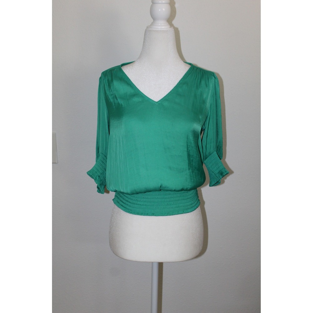 Rachel Zoe Women's Green Satin Smocked Waist V-Neck Blouse XS Classic Going Out